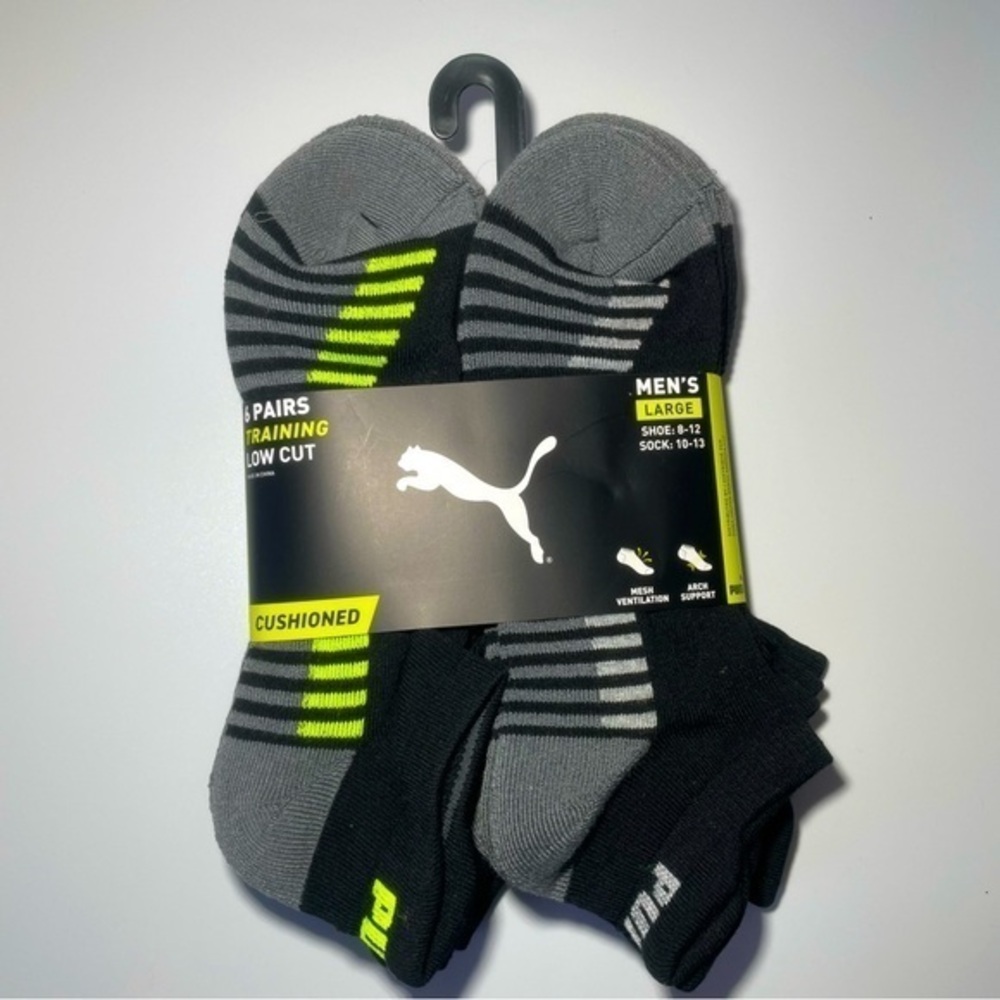 Puma men’s low cut socks 6 pack size 8-12 black gray yellow blue